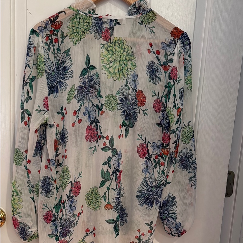 LOFT Blue and Red Long Sleeve Tie Front Blouse - Picture 6 of 6